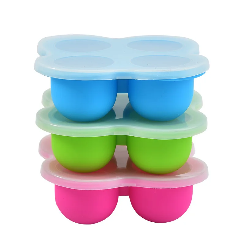 

4-hole Silicone Ice Tray with Lid Baby Food Supplement Box Sealed Portable Crisper Creative Ice Box Diy Kitchen Tools Wholesale