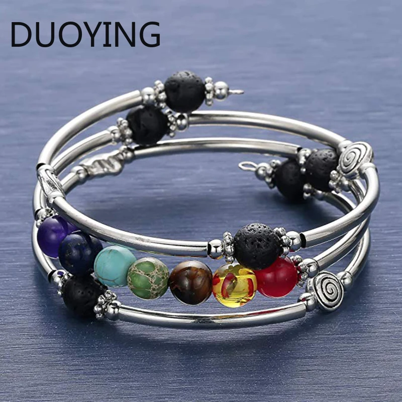 7 Чакра Мала Браслет с бусинами ручная работа проволочный браслет Лава Рок бирюзы