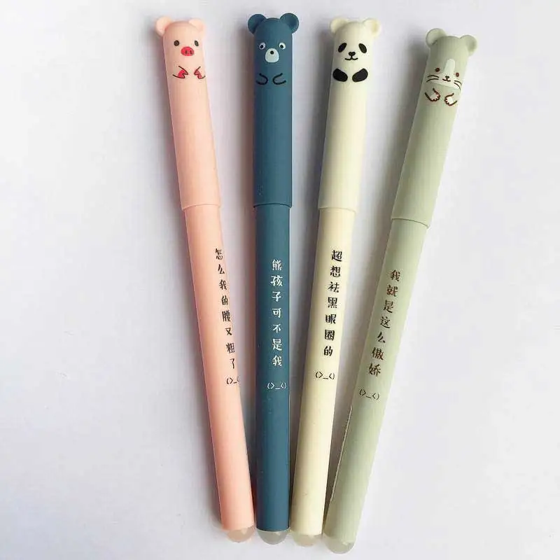 

4pcs Cartoon Animals Erasable Pen 0.35mm Refill Rods Cute Panda Cat Pens Kawaii Ballpoint pen For School Writing Washable Handle