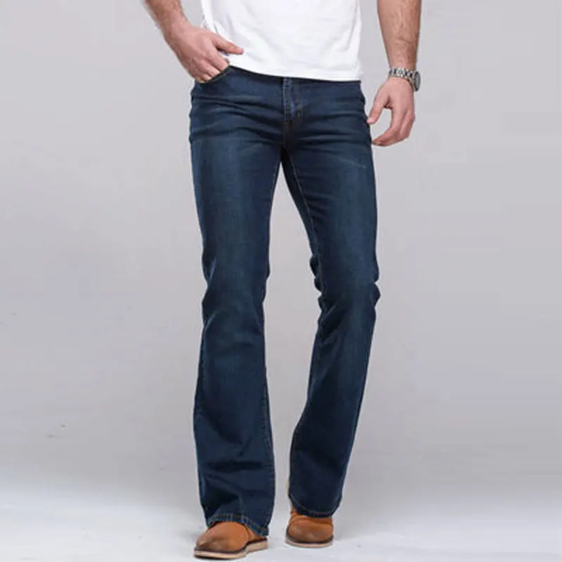 New Mens Boot Cut Jeans Pants Slightly Flared Slim Fit Famous Brand Blue Black Designer Classic Leisure Stretch Denim Trousers