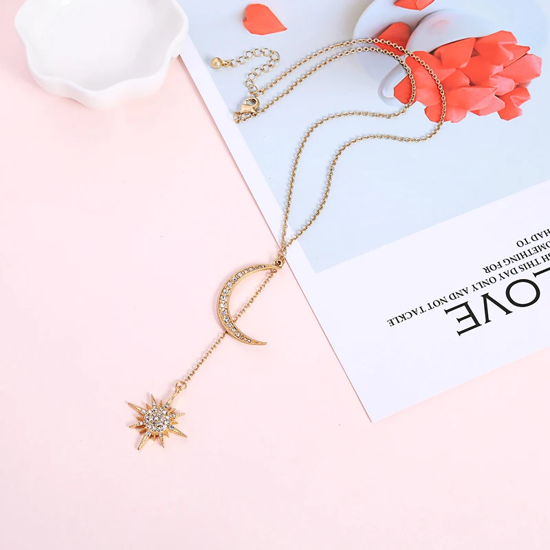 Изысканный кристалл луна звезда Длинная подвеска ожерелья для женщин Подарки