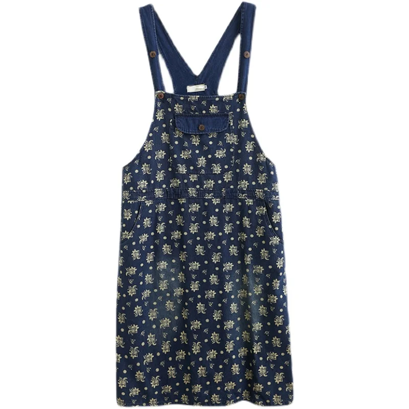 

Spring Women Dress Strap Denim Floral Retro 2020 New Fashion Elegant Loose High Waist Pockets Thin Short Sleeves Mom Mid Dresses