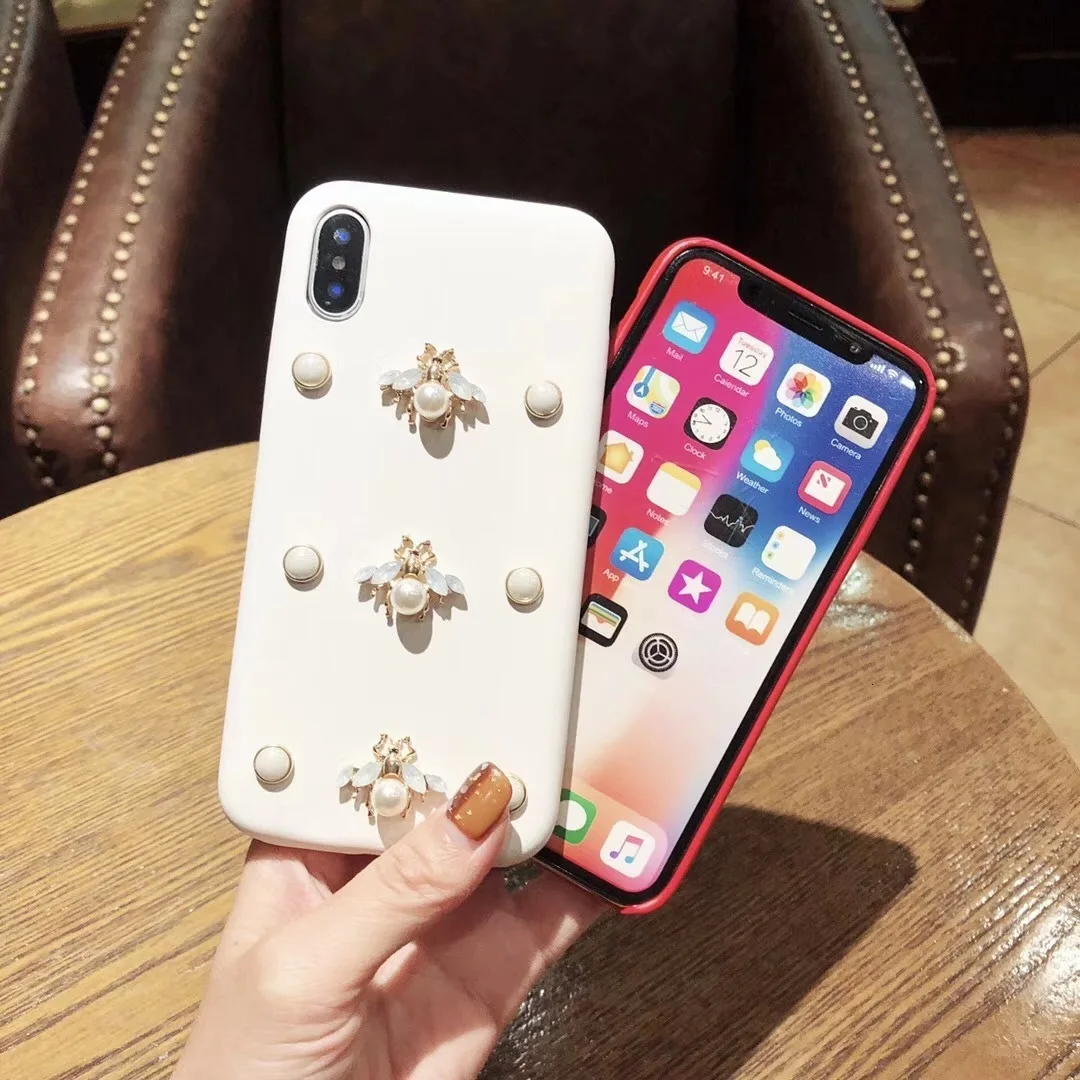 Роскошный кожаный мягкий чехол для телефона для iphone 7 чехол 3D мода алмаз пчела жемчуг Классический чехол для iphone 6 6s 7 8 plus X XR XS Max