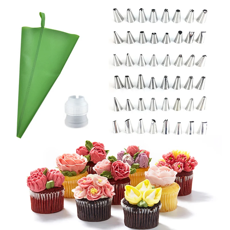 

New Green Silicone Pastry Bags Reusable + 48 Cake Decorating Tips + Cupcake Piping Nozzles Kitchen Cake Cooking Pastry Tools