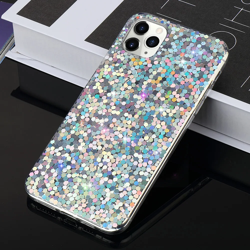 LAPOPNUT Luxury Sequins Glitter Phone Case for Iphone 11 Pro Xr Xs Max X 8 7 Plus 5E 2020 Shockproof Soft TPU Bumper Cover |