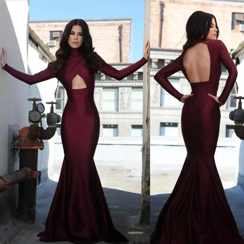 

Burgundy Satin High Neck Sexy Formal Evening Dresses Long Sleeve Prom Dresses Backless Long Pageant Party Gowns Robes de soirée