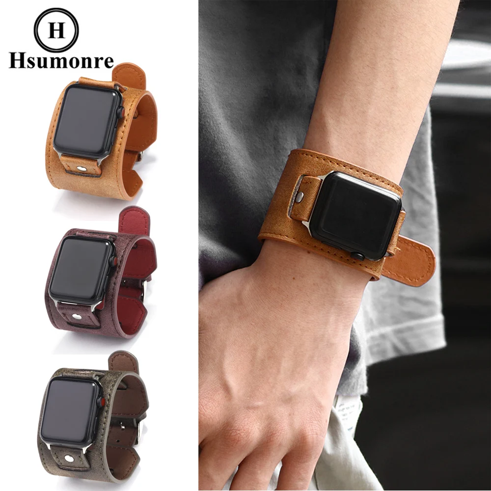 Кожаный ремешок совместимый с Apple Watch браслет коричневый красный широкий