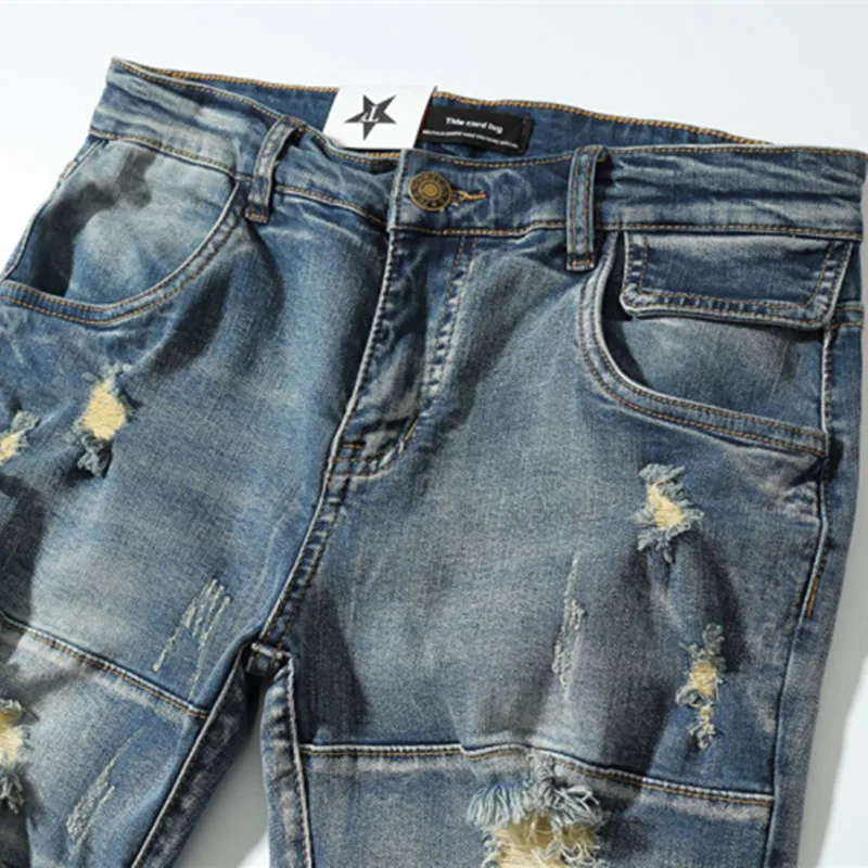 2021 Vibe Style Hole Ripped Punk Men Vintage Pencil Jeans Trousers Distressed Retro Washed Slim Beggar Denim Pants Moda Hombre
