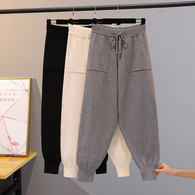 

Han edition elastic waist foot trousers new autumn/winter knitting nine minutes of pants harlan turnip pants thin leg wool trous