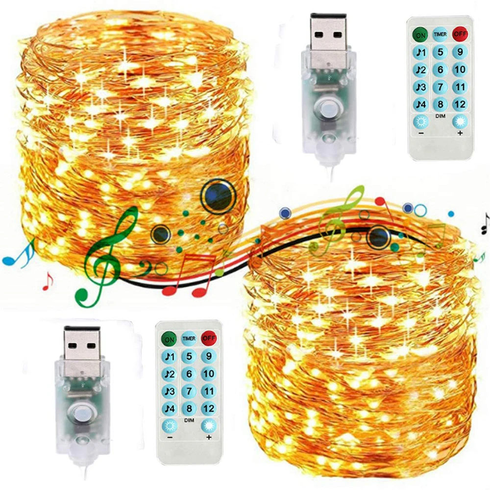Тёплый белый Светодиодный светильник-гирлянда со звуковым сигналом USB с дистанционным управлением, 5 м, 10 м, медный провод, гирлянда, светильник для свадьбы, Рождества, праздника - Испускаемый цвет: Тёплый белый