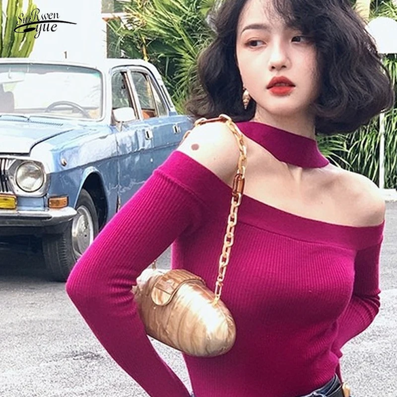 

2022 Autumn Knitted Top Women's Bottoming Sweater Retro Short Temperament Solid Color One-shoulder Slim Sweater 16338