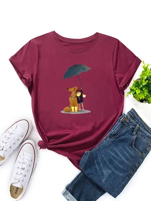 

Harajuku Cartoon Dog Girl Print Cotton Tshirt Women 2021 Summer Ladies Tops Oversized Graphic Tee Shirt Femme Streetwear T-shirt