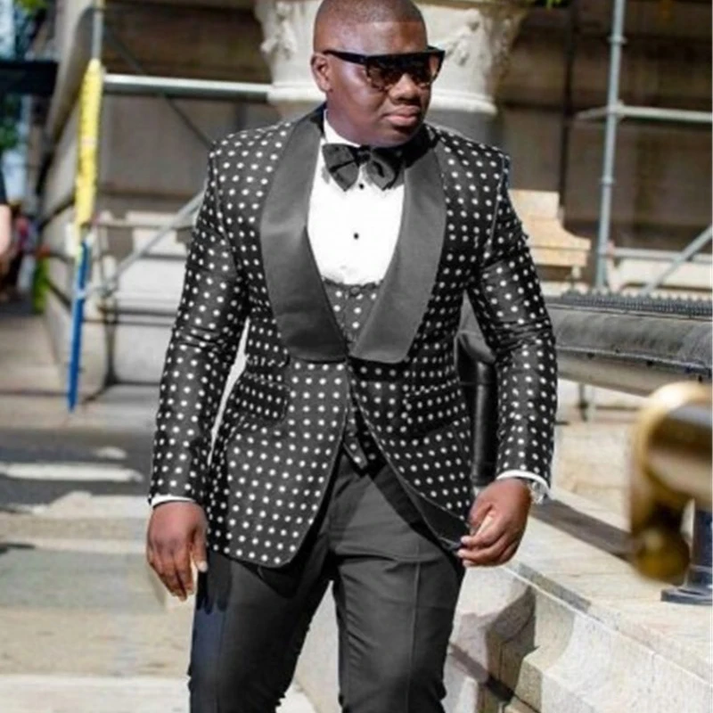 

3 piece Slim fit Prom Suits with Dots for Wedding Shawl Lapel Custom made Groom Tuxedos Man Fashion Clothes Set Jacket Vest Pant