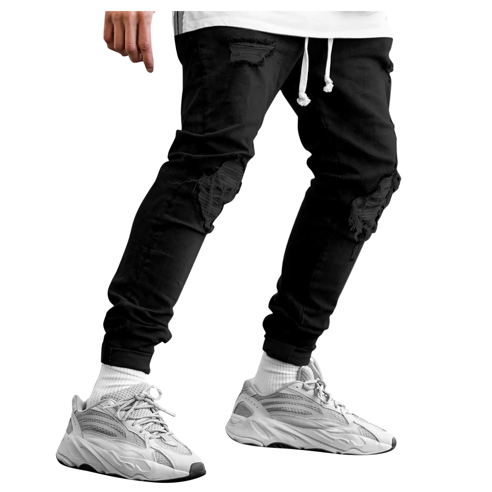 

Джинсы Мужские, однотонные, повседневные, однотонные, джинсовые, с прорезями, с карманами на молнии, модель узкие Джинсы, брюки #01