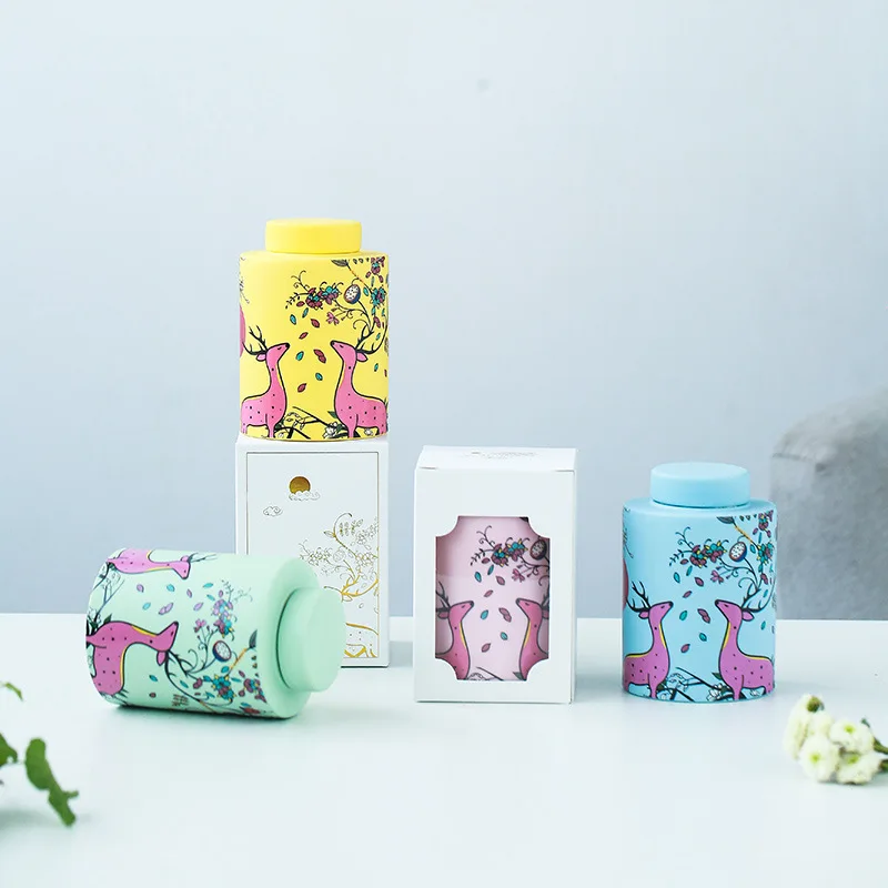 

Tea pot color modern home ceramic storage tank small fresh flower tea sealed jar gift box