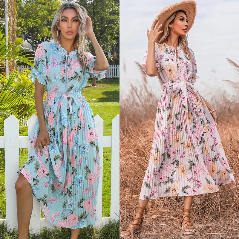 

Traf Dresses Summer Women's Dress 2021 Printing Ruffled Short Sleeve Drawstring Pleated Elegant Casual Vintage Long Tunics