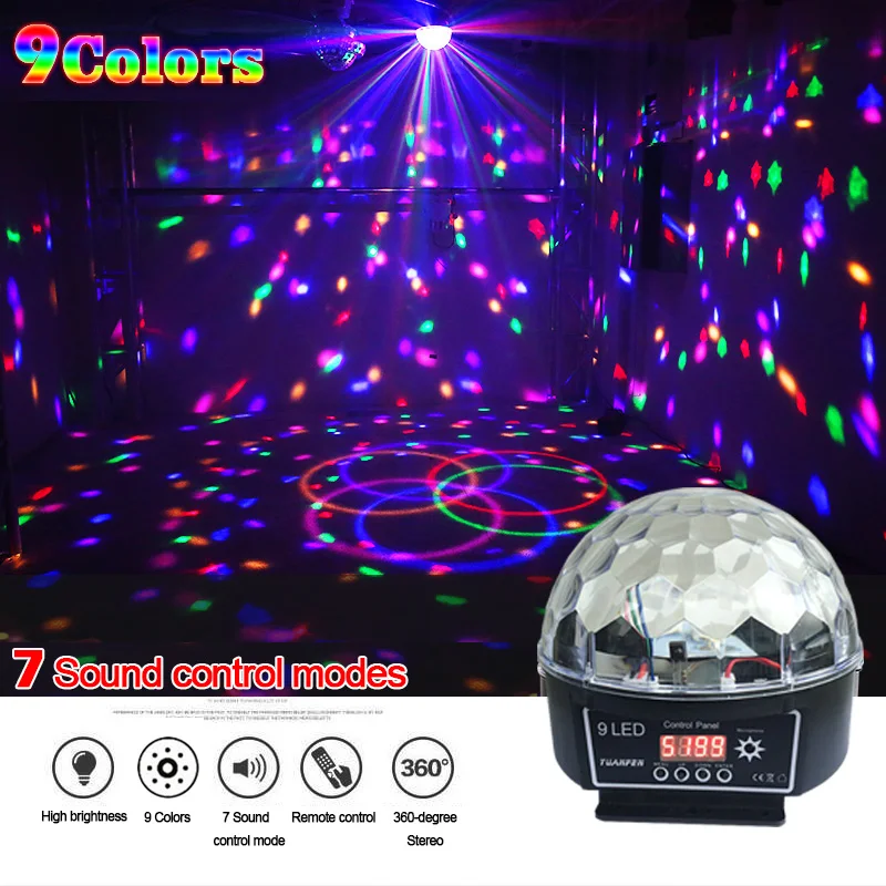 

2023 Crystal Magic Ball Led Stage Lamp 7 Sound Control Modes 9 Colors 27W Stage Lighting Disco Laser Light Party Lights Lumiere