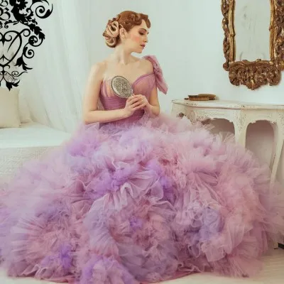 

Luxury Gradient Tulle Dresses Ball Gown One Shoulder Cap Sleeves Extra Puffy Ruffles Fluffy Women Party Dressing Gowns Plus Size