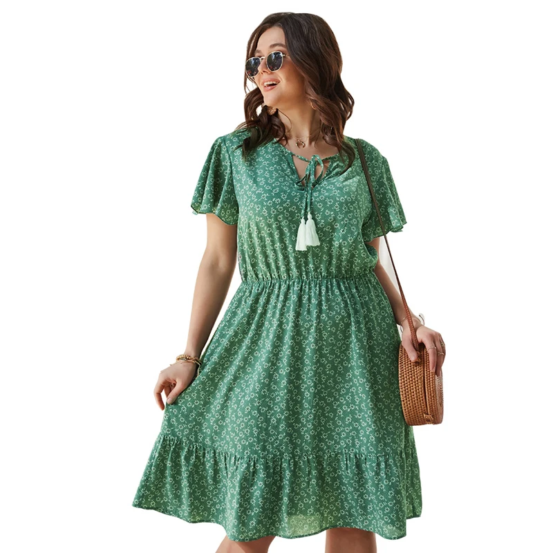 

Gezelligheid Plus Size Dresses For Women Casual 2021 Fashion Print V-Neck Short Sleeve Empire Loose Holiday Green A-Line Dress