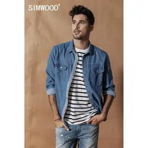 Мужская джинсовая рубашка в полоску SIMWOOD, модная рубашка цвета индиго из 100% хлопка, новая модель 190420 большого размера на осень и зиму, 2019