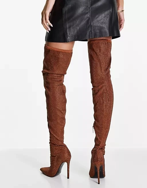 Женские высокие сапоги выше колена до бедра на высоком каблуке 12 см с кристаллами