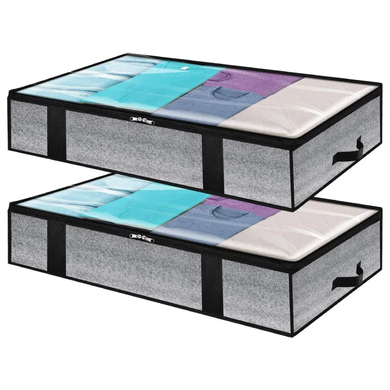 

2Pcs/Set Foldable Under Bed Bags Large Under Bed Storage Boxes Thick Breathable Underbed Clothes Storage Bags Zippered Organizer