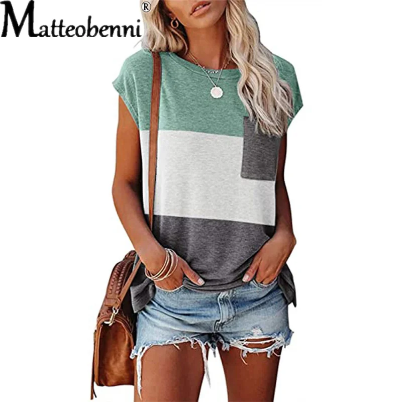 

2021 Fashion Pocket Three-Color Stitching Women T-Shirt Summer New O-Neck Short-Sleeved Casual Top Street Loose Ladies Tee S-2XL