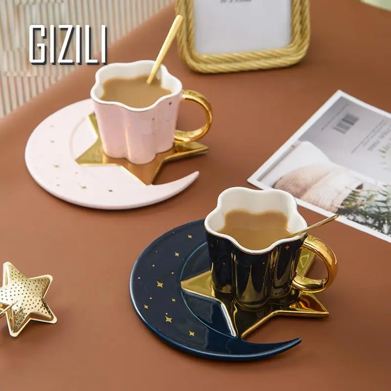 

Creative Ceramic Star Moon Coffee Cup and Saucer with Spoon Golden Handle Mug Afternoon Tea Cup Juice Water Drinks Cup Porcelain