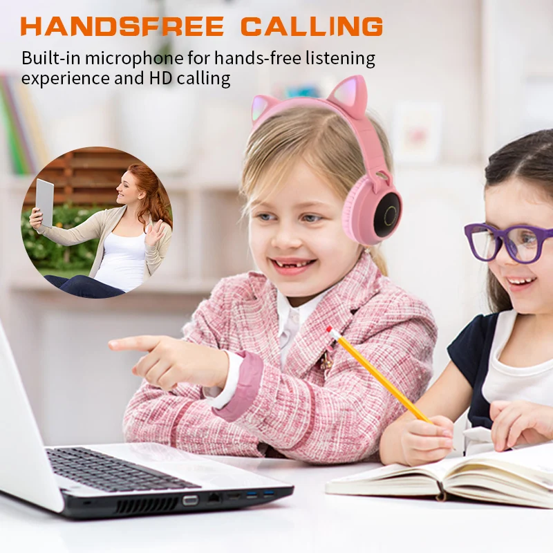 Милые Bluetooth 5 0 музыкальные наушники для девочек беспроводной светодиодный