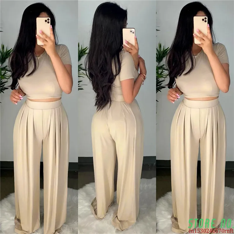 

Dropshpping High Quality New Women Two-piece Sets Solid Color Tight Casual Sets Tight Top + Wide Leg Pants Elasticity