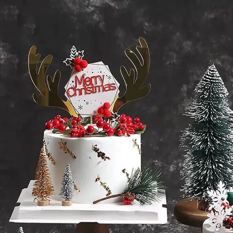 

New Acrylic Merry Christmas Cake Toppers Christmas Gold Antlers Cupcake Toppers for Family New Year Party Cake Decorations 2022