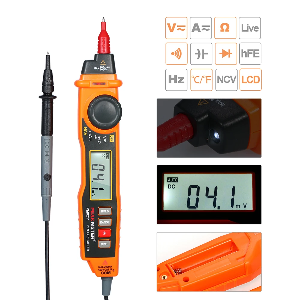PEAKMETER MS8211 Цифровой мультиметр 2000 отсчетов Ручка Тип с бесконтактным ACV/DCV