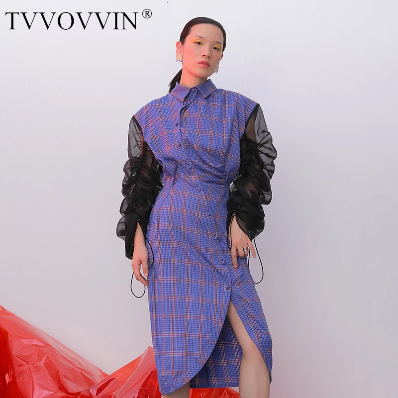 TVVOVVIN, женское платье, с пышными рукавами, в стиле пэчворк, на завязках, платье в клетку, разные цвета, необычные женские платья, 2019X304