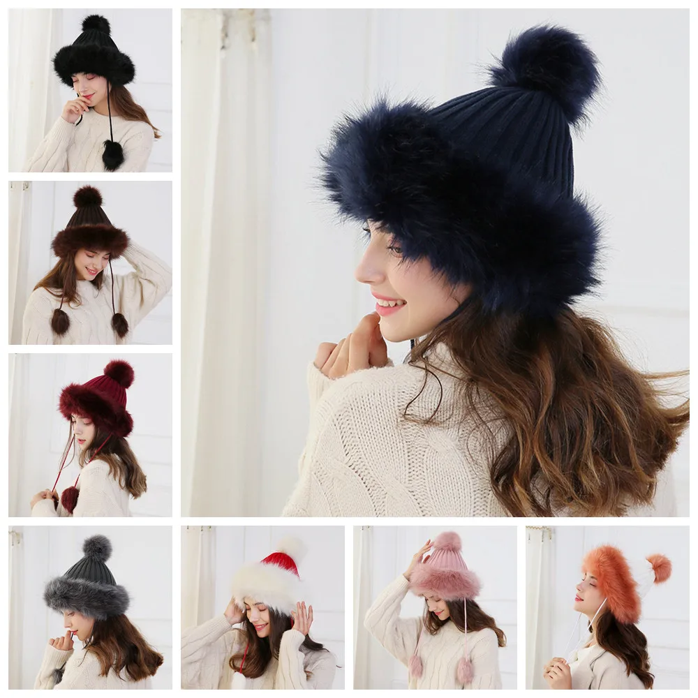 

Fashion Winter Hat Real Faux Fur Pom Pom Bobble Women Knit Ski Beanie Xmas Gift