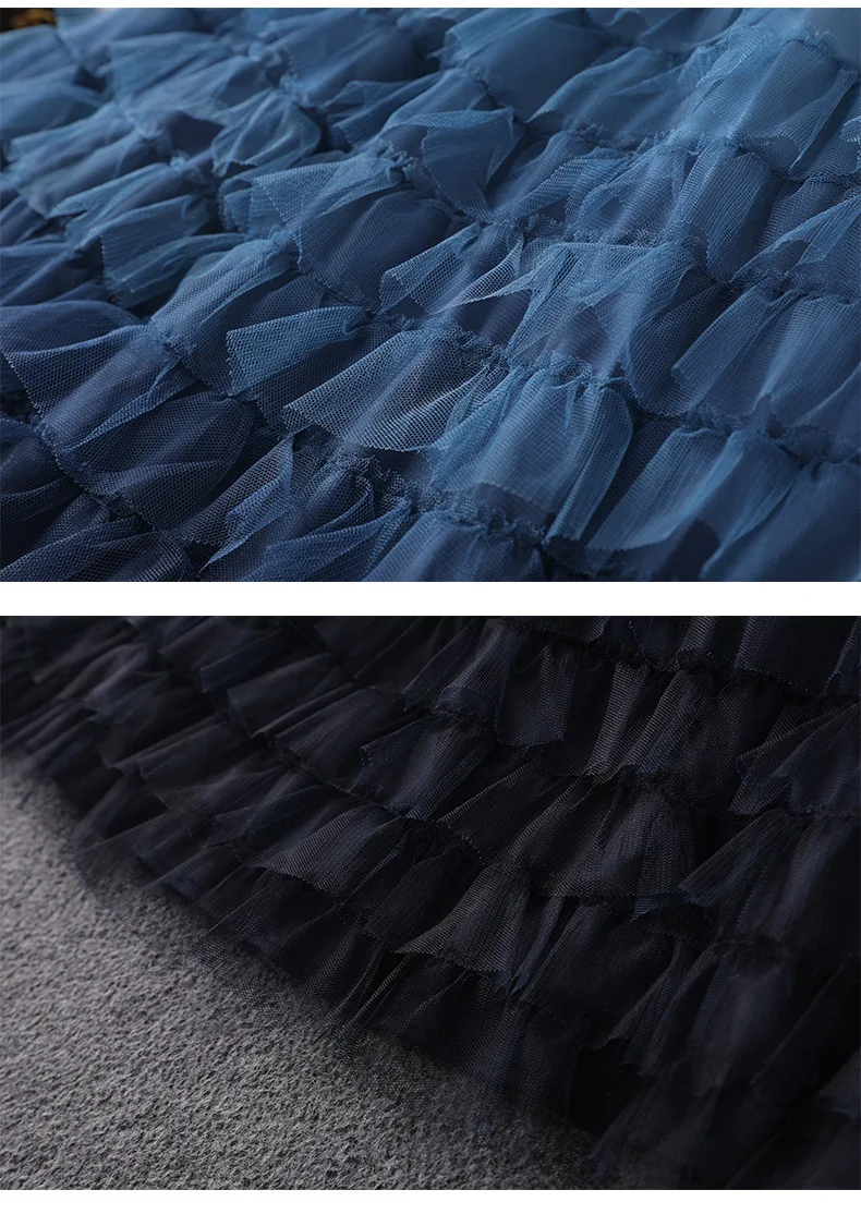 Women fashion autumn winter ruffles dress lace inset falre sleeve fit and flare cute dresses new blue