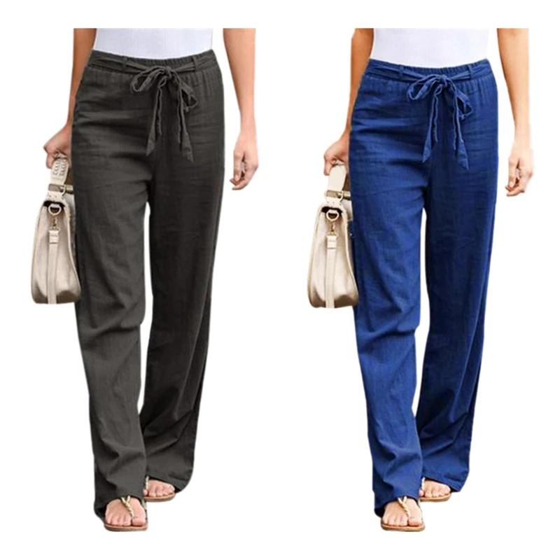 

2X Women's Elastic Waist Solid Color Cotton And Linen Wide-Leg Pants Loose Trousers L Size Grey/Blue