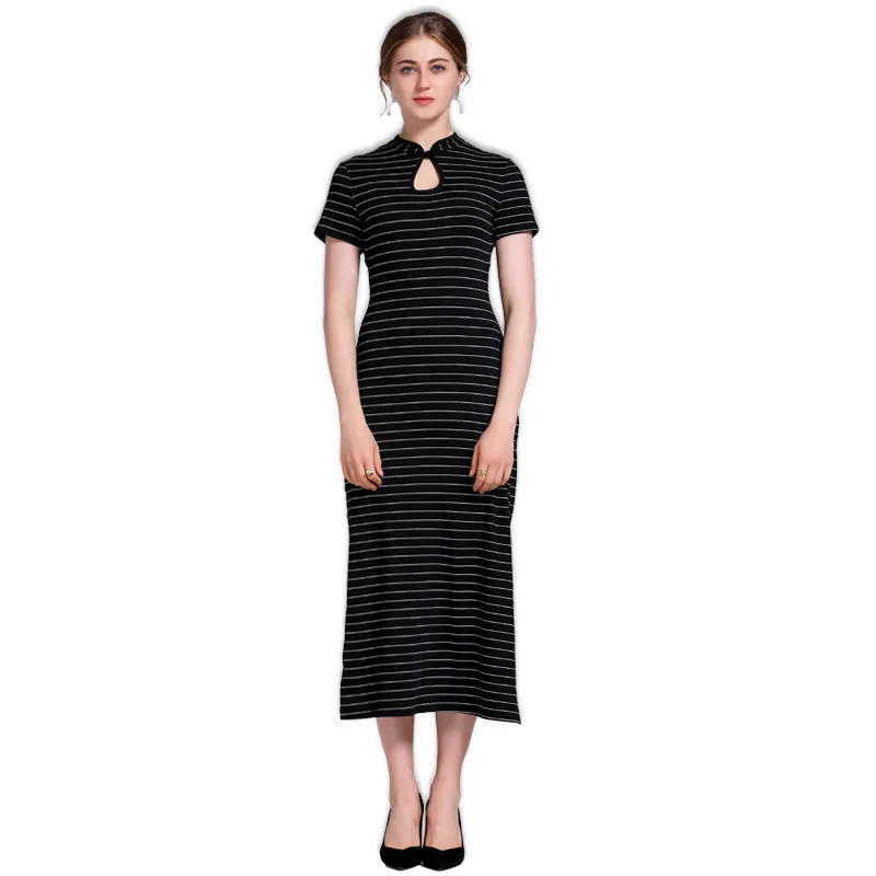 

Women Dresses Summer 2020 Short Sleeved High Waist Slim Elegant Striped Dress Woman Clothes Gray Black Blue