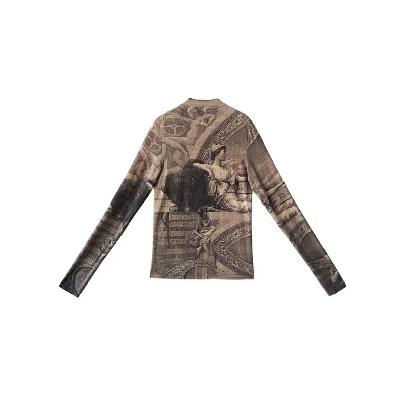 

autumn 2021 vintage oil painting print knitted women t-shirts high elastic long sleeve sim woman tops