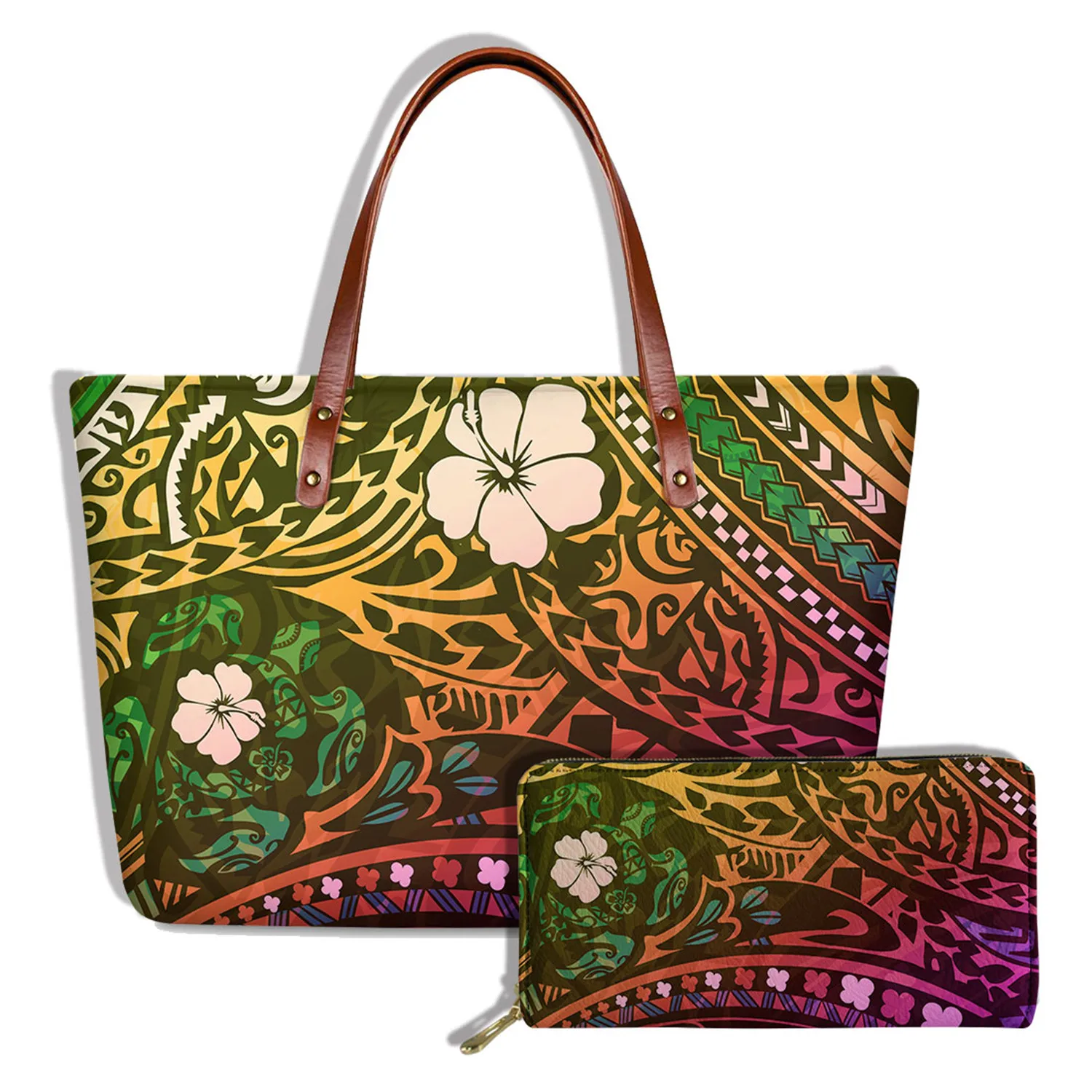 

Coloranimal Polynesian Turtle With Hibiscus Print Women Casual Shoulder Bag 2Pcs/Set Crossbody Bag&Wallet Ladies Handbag Bolso