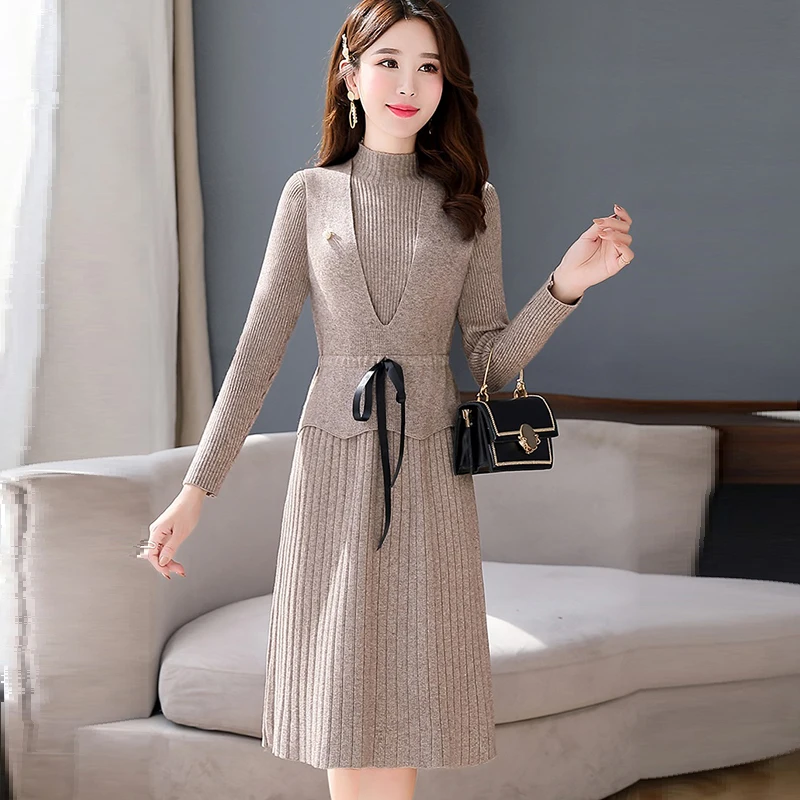 

Women's Sweater Dress Long Spring Autumn a Line Solid 2 Piece Slim Half Turtleneck Office Lady Long Sleeve Knitted Wear Female