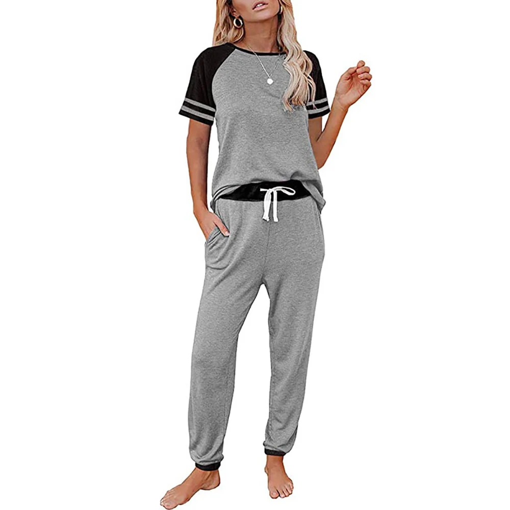 

Women Casual Fashion Suit Soild Stitching Round Neck Short Sleeve T-shirt Drawstring Long Pants 2 Pcs Sport Set Tracksuits D30