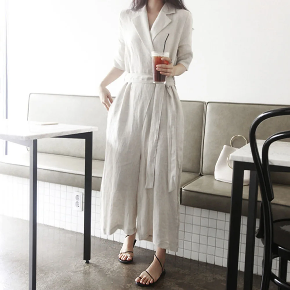 

2021 Fashion Jumpsuit Temperament Casual Loose Wide Leg Simple Elegant Belt High Waist Pocket Solid Color Lapel Summer