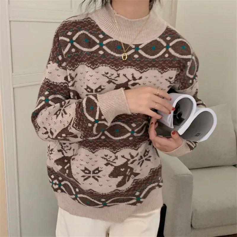 

HziriP New Autumn Winter OL Outwear Vintage Red Print Christmas Pullover Tops Warm Sweater Women Elegant Loose Knitted Sweaters