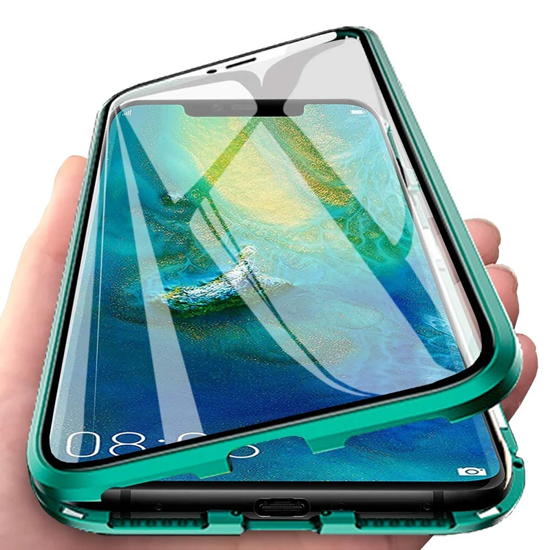 

Luxury magnetic absorption metal clamshell case huawei Mate 20 front + rear double tempered glass bumper huawei Mate 20 Pro case