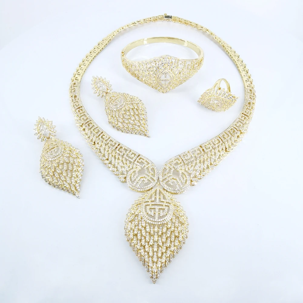 

2023 NEW FASHION luxury Chinese style CZ zircon necklace earring bracelet ring set wedding banquet bridal dressing jewelry set
