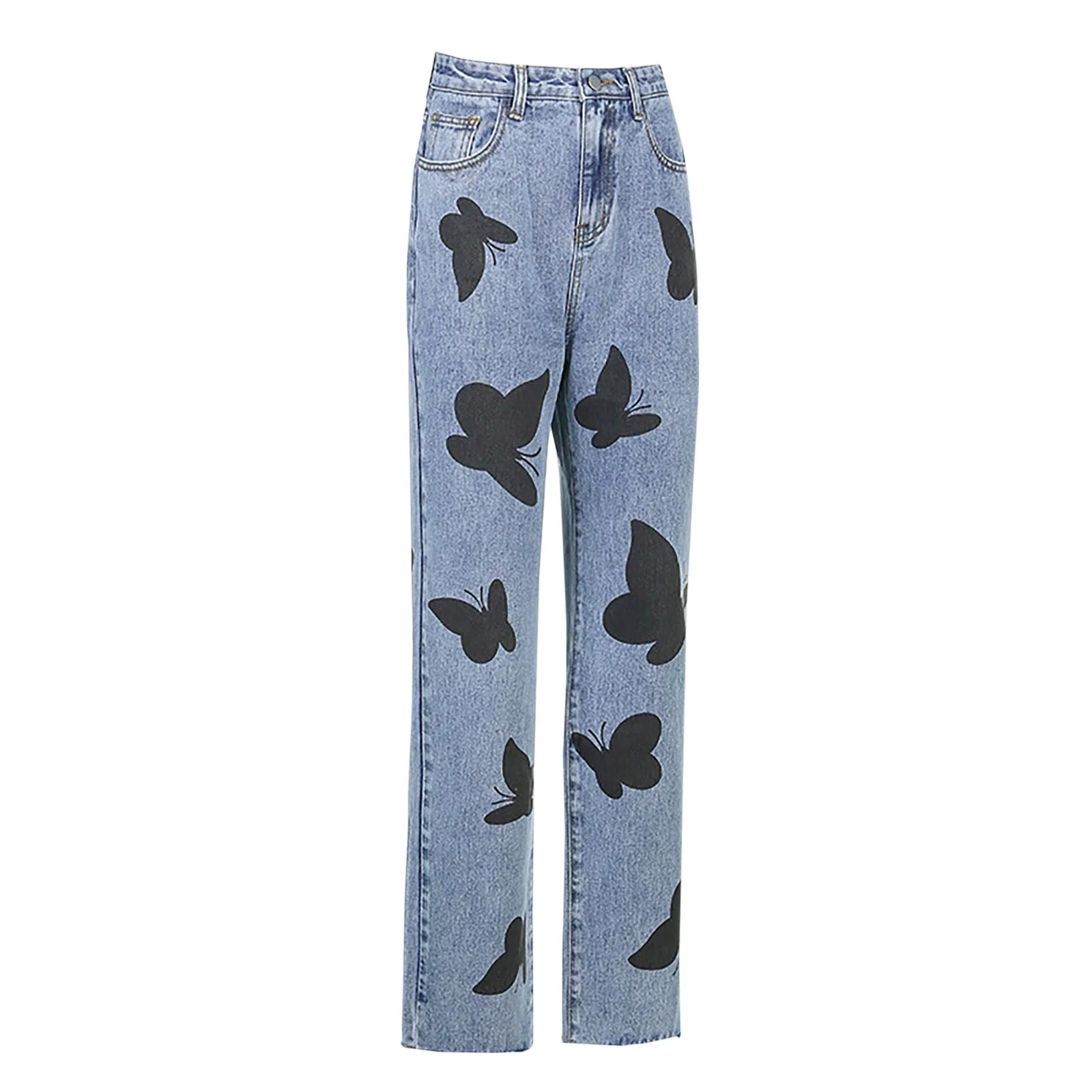 

High-waisted Denim Jeans Trousers Fashion Women's High-waisted Thin Frayed Butterfly Print Denim Trousers Pants