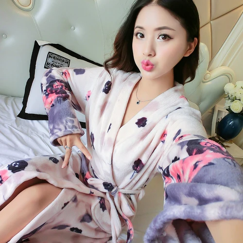 Женская одежда для сна, халат, милые плотные ночные рубашки, зимний банный халат, Женские Фланелевые теплые пижамы, женские коралловые бархатные халаты - Цвет: 8465