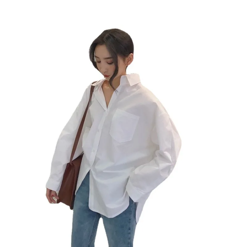 

2021 Oversize White Shirt Women Spring Autumn New BF Korean Fashion Vintage Design Loose Long-Sleeve Plain Blouse Top Female
