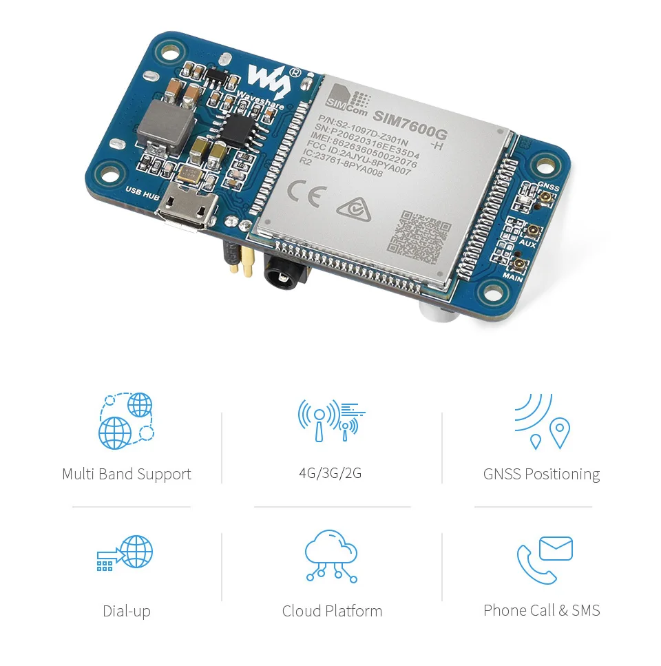 Global Band SIM7600G-H 4G HAT for Raspberry Pi, LTE Cat-4 4G / 3G / 2G Supports GNSS Positioning