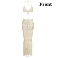 new style handmade crochet women long dress with bikini top hollow out dress with tassels hem beachwear